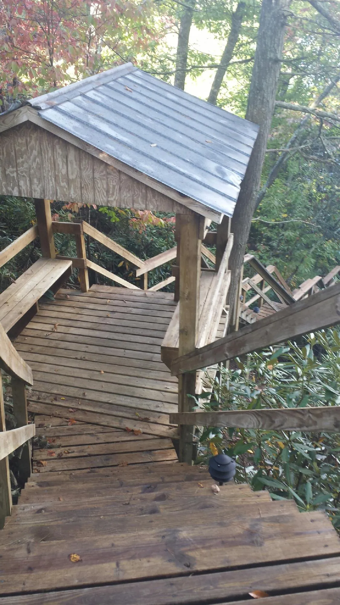 Metal roofed shelter over wooden steps on a wooded walkway — Skylight Repair & Installation work by our crew in Pleasureville